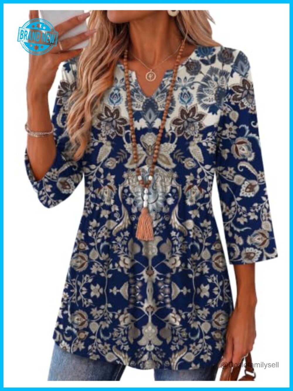 Zeagoo Women's 3/4 Sleeve V-Neck Tunic Blouse Henley Ruched Waist Flowy Top